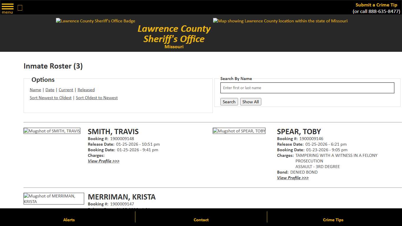 Inmate Roster - Released Inmates Booking Date Descending - Lawrence County Sheriff MO
